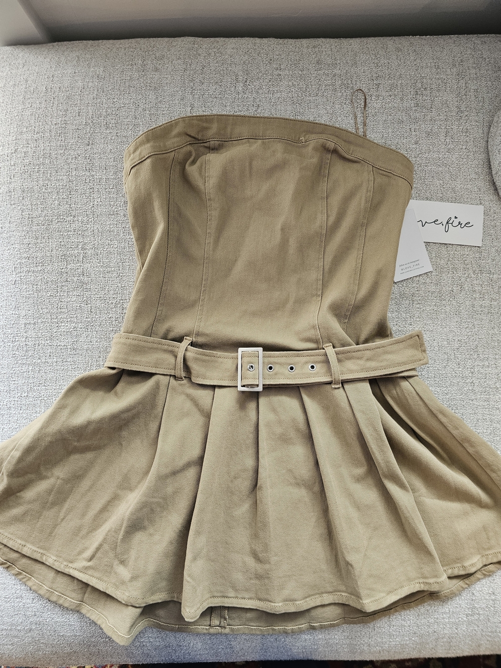 Lovers + Friends Khaki Strapless Pleated Skater Skirt with Belt